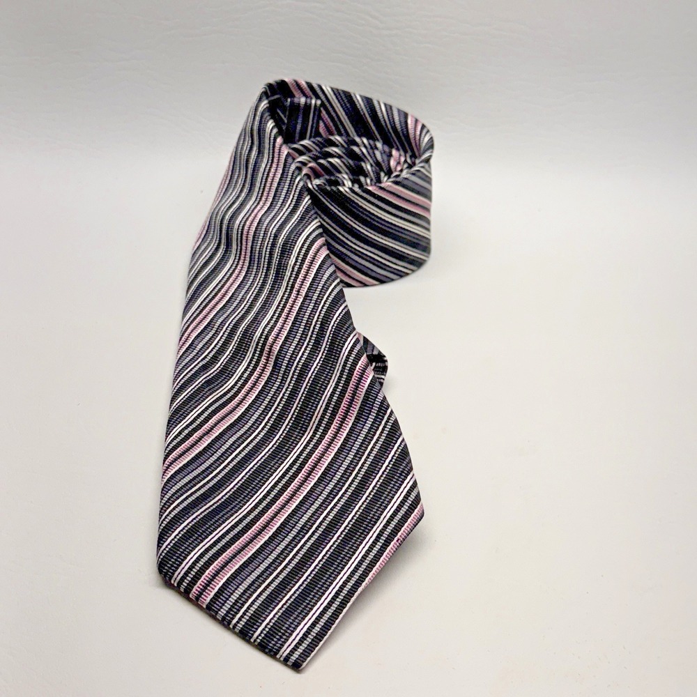 Tasso Elba Collezione Silk 7-Fold Tie Black Pink Grey White Diagonal Stripe Mens